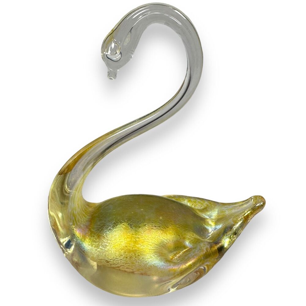 Vintage‎ Heron Art Glass Yellow Iridescent Swan Figurine Sculpture 4.5" Decor